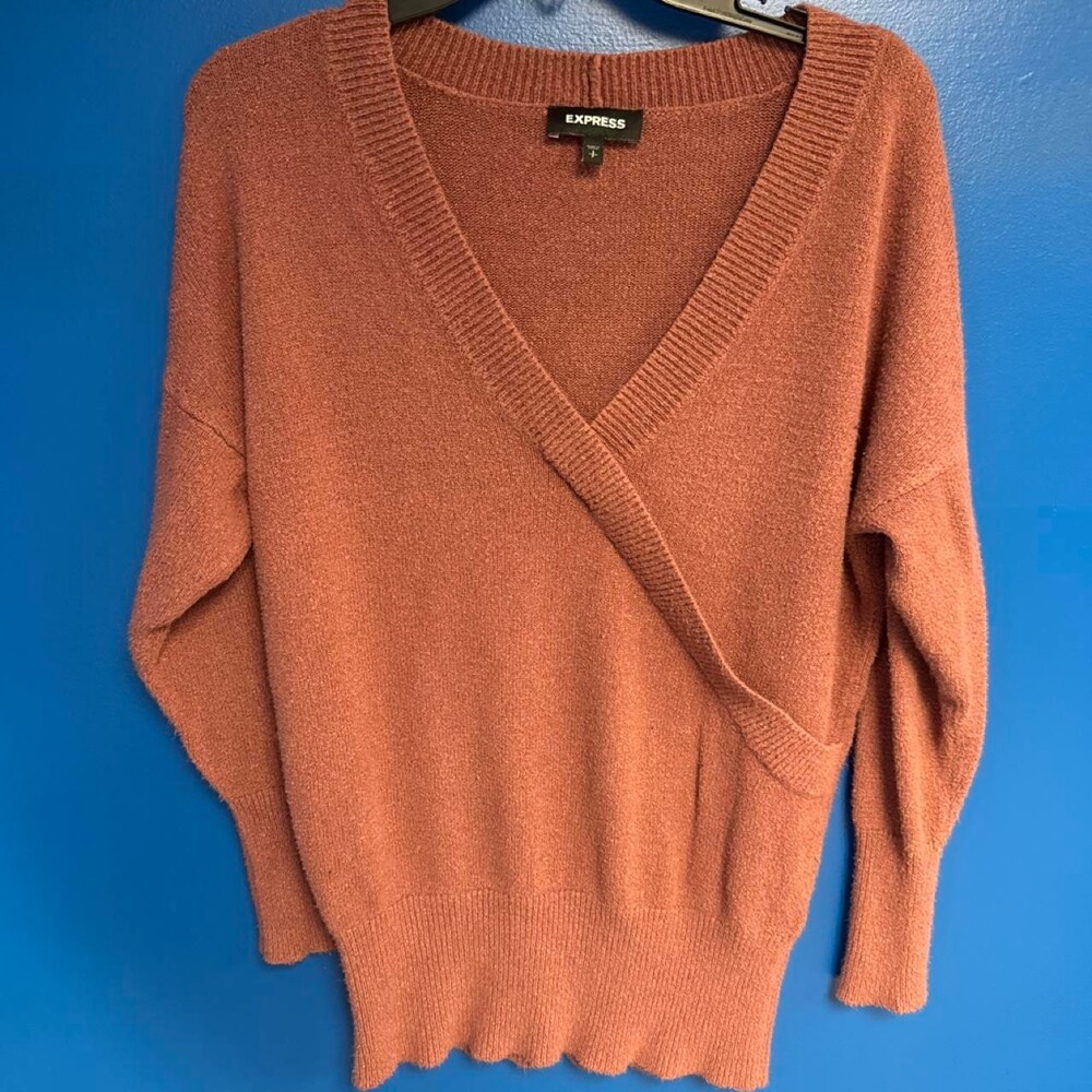 Express burnt orange wrap sweater #express #cozy